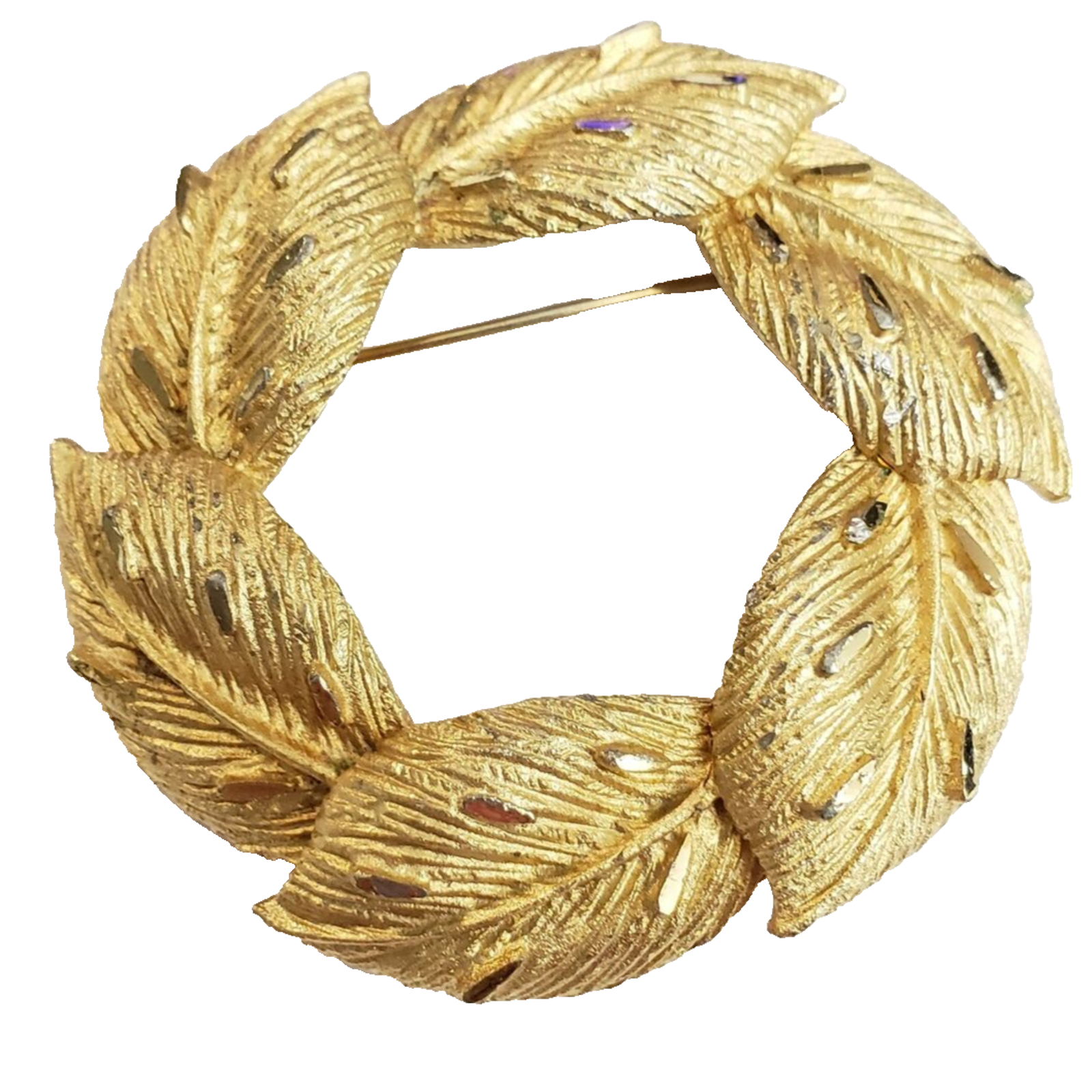 Coro Brooch Pin, Textured Gold-Tone, Leafs Wreath Mid-Century Designer Gf1-